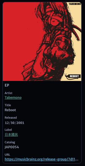 Screenshot of card view render of the info section for Tabemono – Reboot
